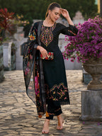 Indo Era Black Embroidered Straight Kurta Trousers With Dupatta set | Grocsy
