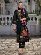 Indo Era Black Embroidered Straight Kurta Trousers With Dupatta set | Grocsy