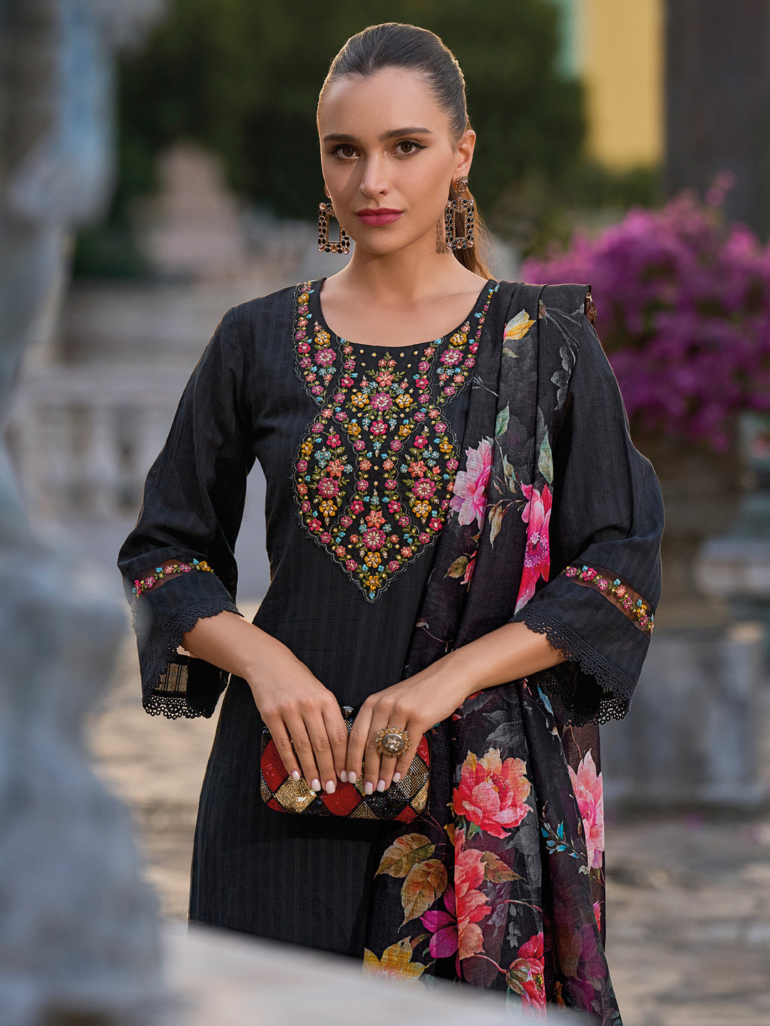 Indo Era Black Embroidered Straight Kurta Trousers With Dupatta set | Grocsy