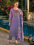 Indo Era Purple Embroidered Straight Kurta Trousers With Dupatta set | Grocsy