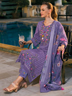 Indo Era Purple Embroidered Straight Kurta Trousers With Dupatta set | Grocsy