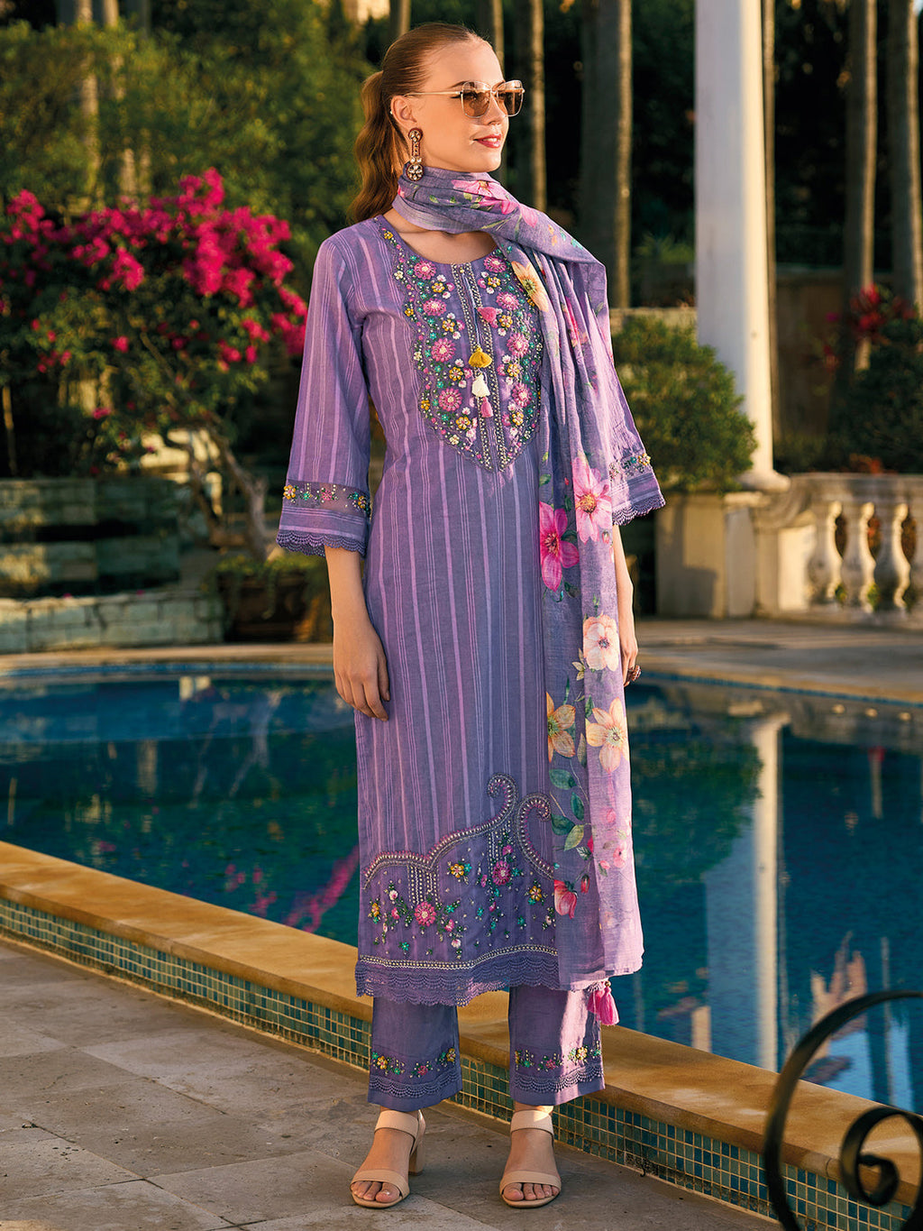 Indo Era Purple Embroidered Straight Kurta Trousers With Dupatta set | Grocsy