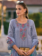 Indo Era Grey Embroidered Straight Kurta Trousers With Dupatta set | Grocsy