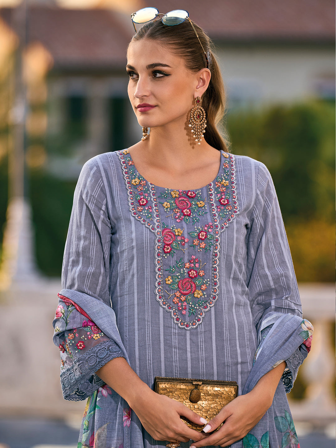 Indo Era Grey Embroidered Straight Kurta Trousers With Dupatta set | Grocsy