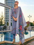 Indo Era Grey Embroidered Straight Kurta Trousers With Dupatta set | Grocsy