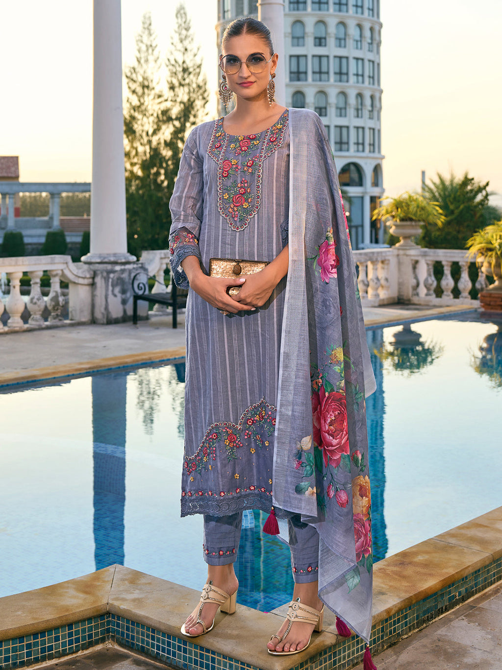 Indo Era Grey Embroidered Straight Kurta Trousers With Dupatta set | Grocsy