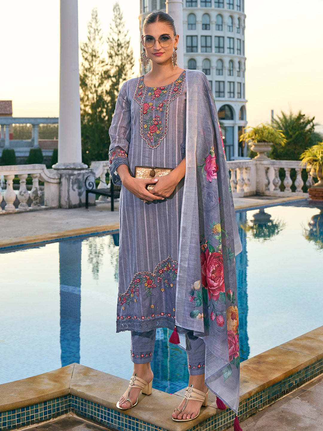 Indo Era Grey Embroidered Straight Kurta Trousers With Dupatta set | Grocsy