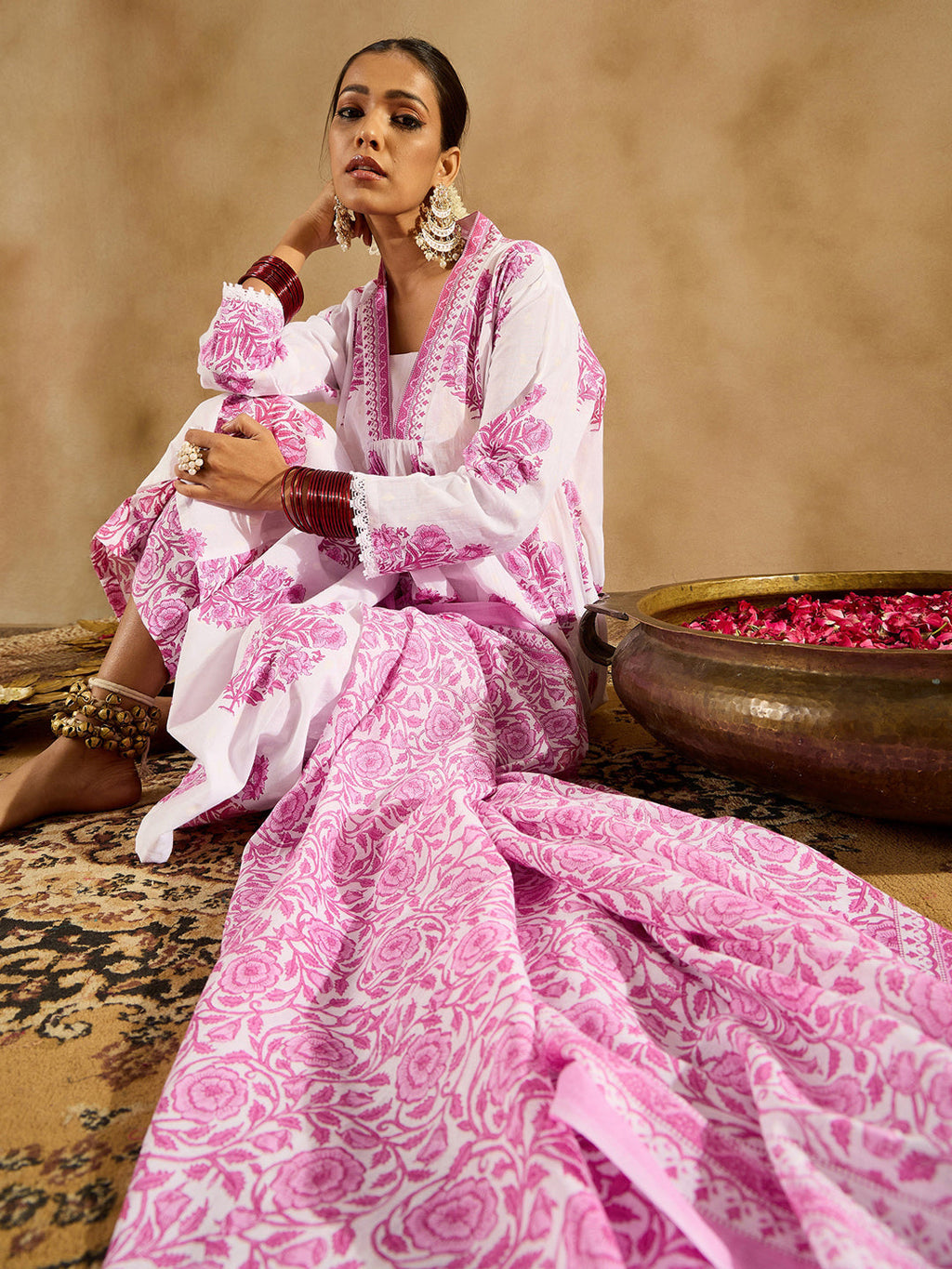Indo Era White Printed A-Line Kurta Palazzos With Dupatta set | Grocsy