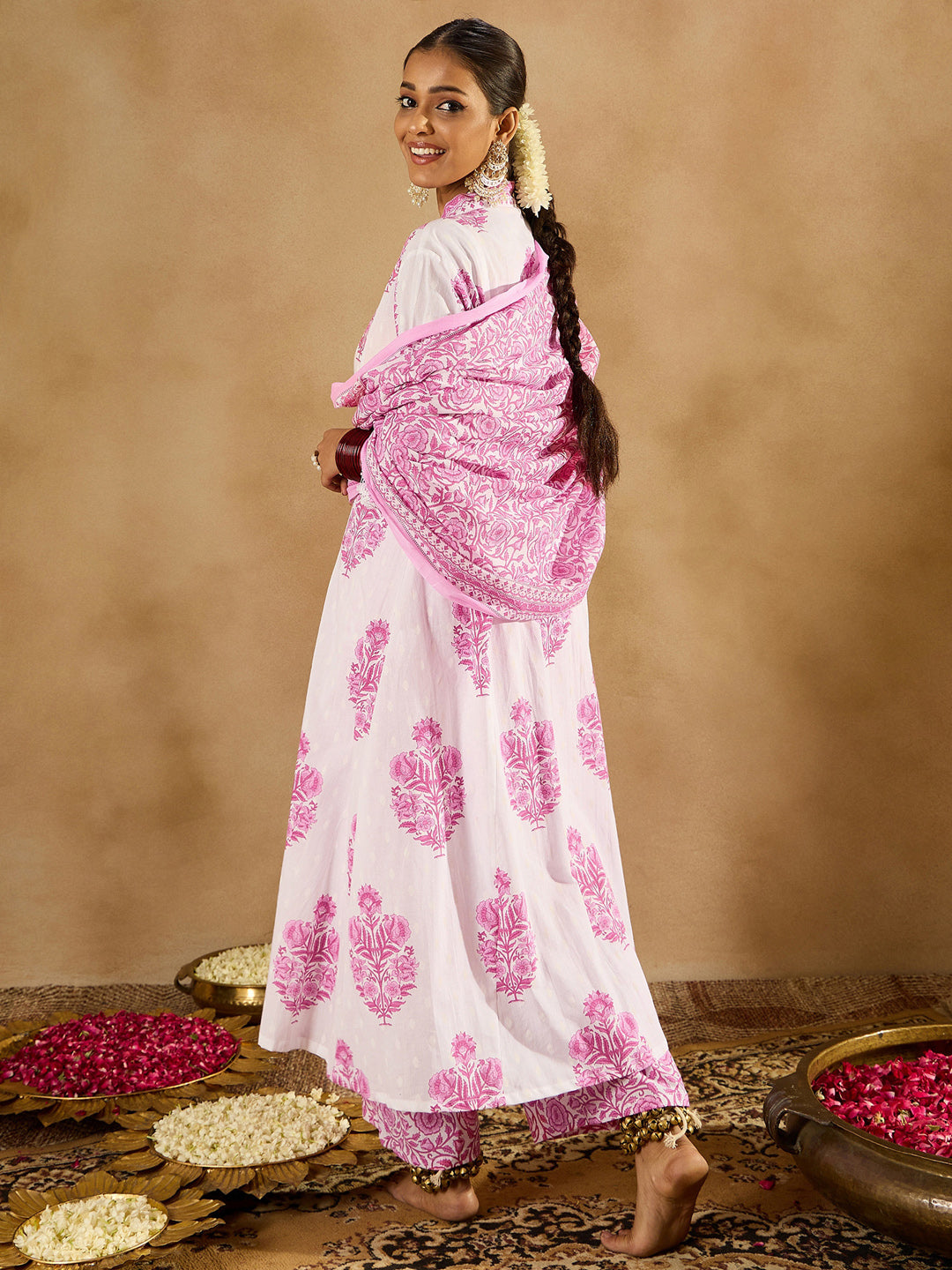 Indo Era White Printed A-Line Kurta Palazzos With Dupatta set | Grocsy