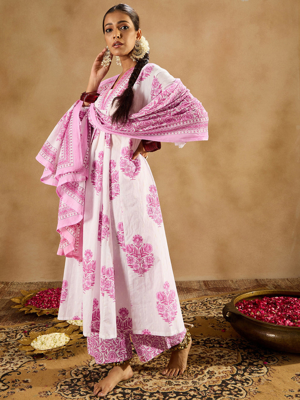 Indo Era White Printed A-Line Kurta Palazzos With Dupatta set | Grocsy