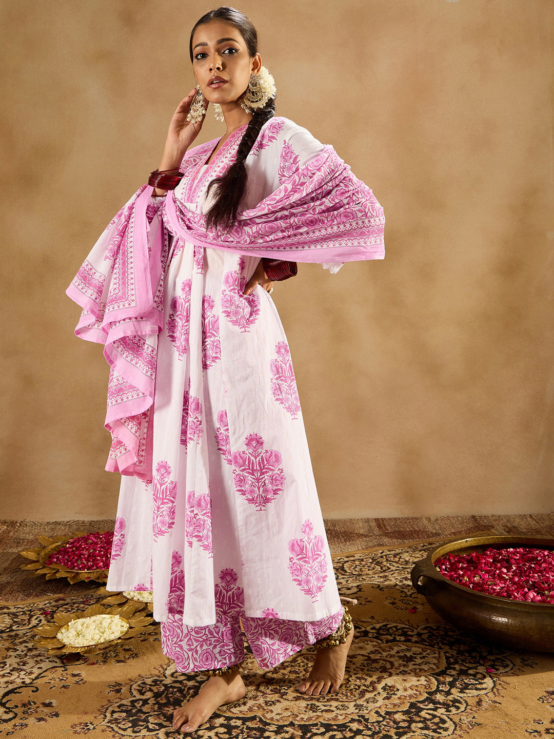 Indo Era White Printed A-Line Kurta Palazzos With Dupatta set | Grocsy