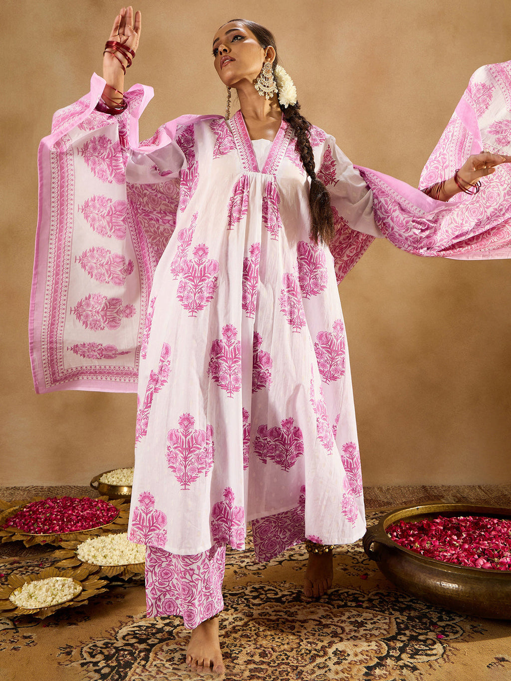 Indo Era White Printed A-Line Kurta Palazzos With Dupatta set | Grocsy