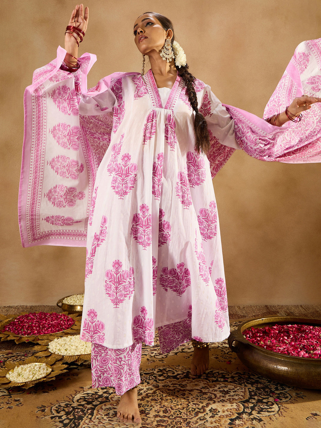 Indo Era White Printed A-Line Kurta Palazzos With Dupatta set | Grocsy