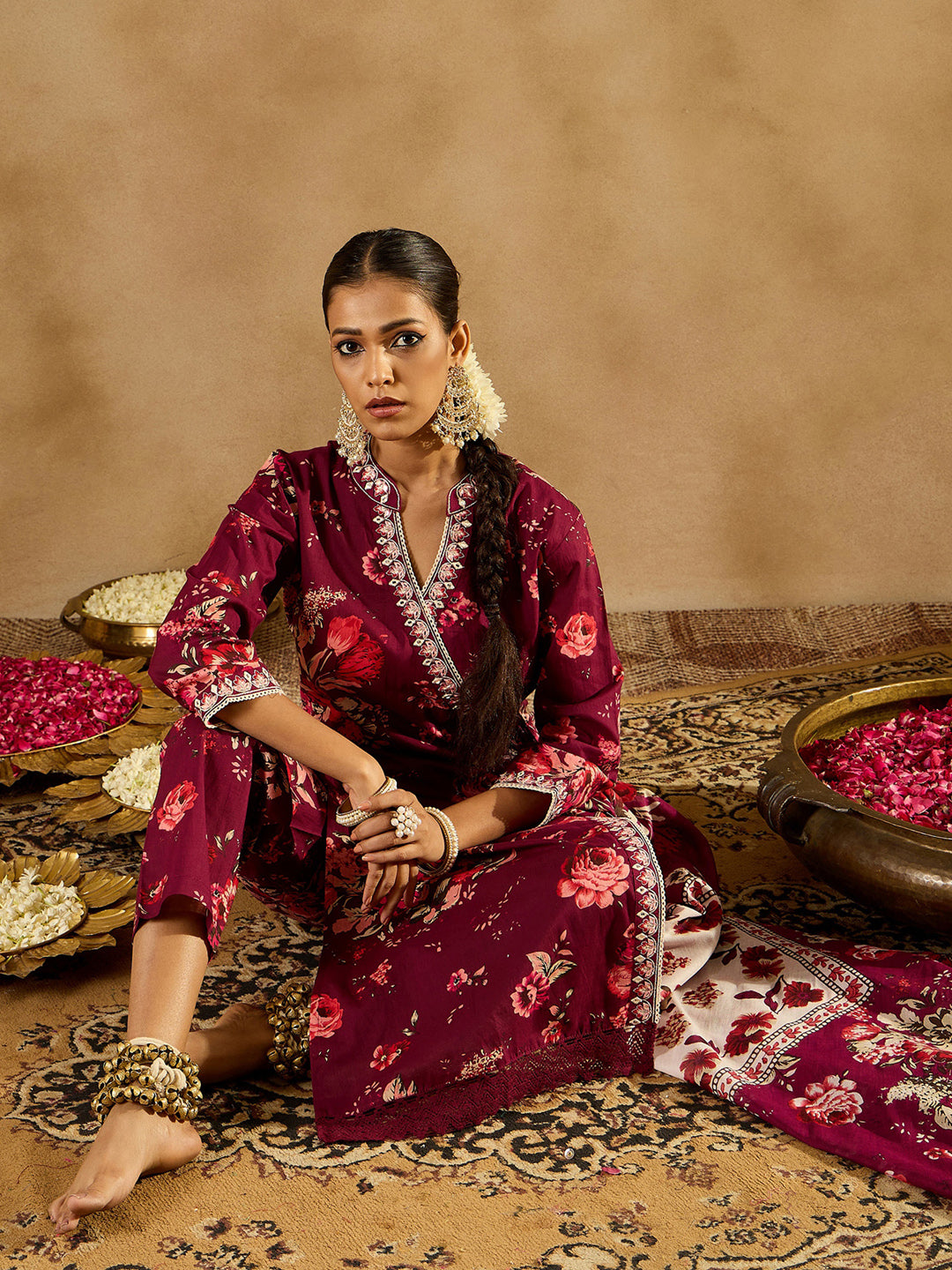 Indo Era Burgundy Printed Straight Kurta Trousers With Dupatta set | Grocsy