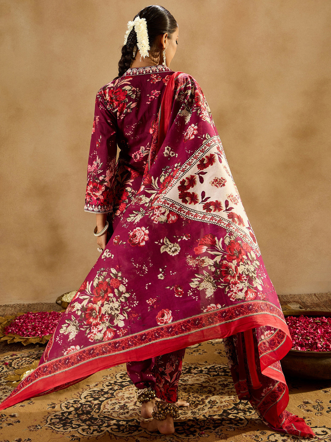 Indo Era Burgundy Printed Straight Kurta Trousers With Dupatta set | Grocsy