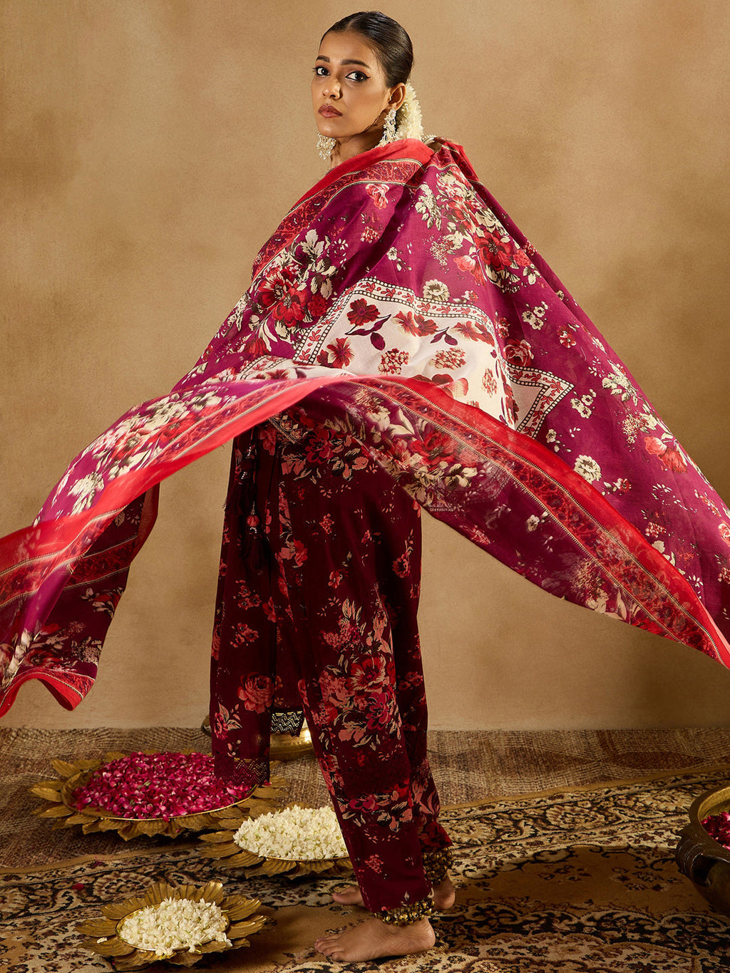 Indo Era Burgundy Printed Straight Kurta Trousers With Dupatta set | Grocsy