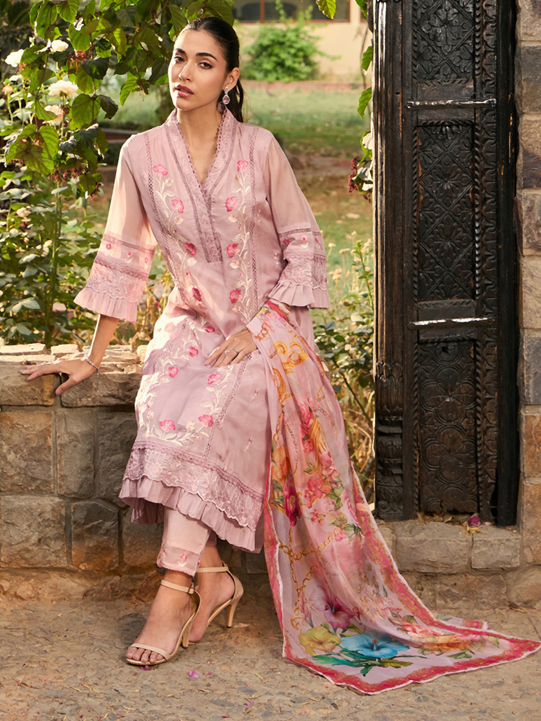 Indo Era Mauve Embroidered A-Line Kurta Trousers With Dupatta set | Grocsy