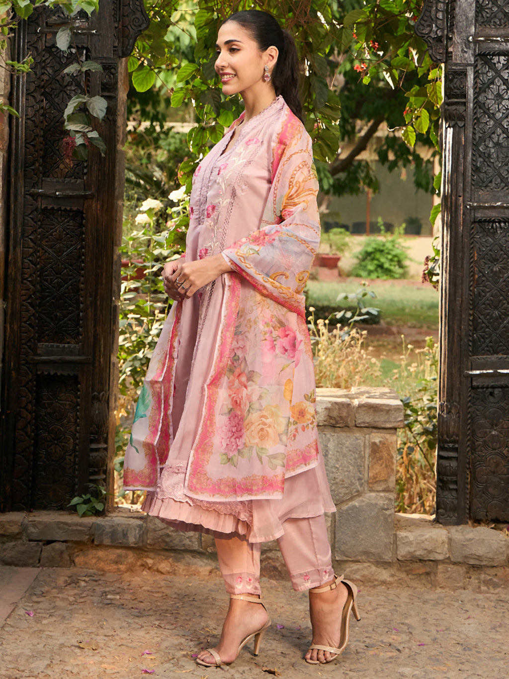 Indo Era Mauve Embroidered A-Line Kurta Trousers With Dupatta set | Grocsy