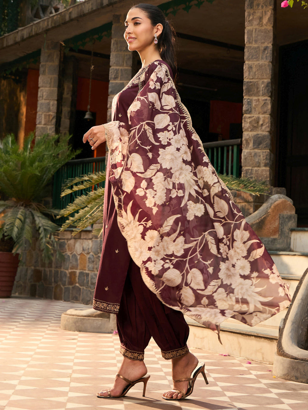 Indo Era Burgundy Embroidered Straight Kurta Salwar With Dupatta set | Grocsy