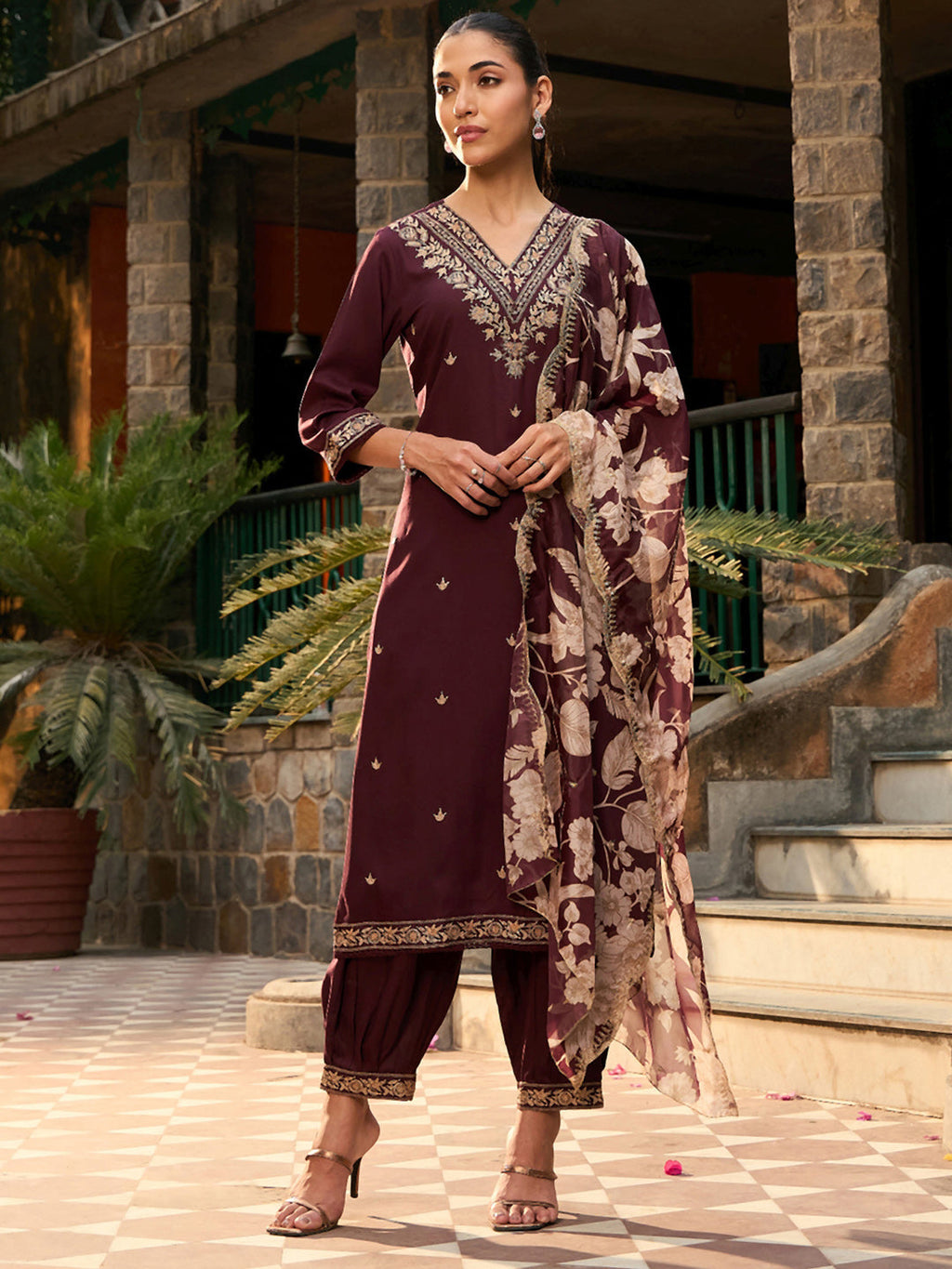 Indo Era Burgundy Embroidered Straight Kurta Salwar With Dupatta set | Grocsy