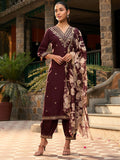 Indo Era Burgundy Embroidered Straight Kurta Salwar With Dupatta set | Grocsy