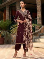 Indo Era Burgundy Embroidered Straight Kurta Salwar With Dupatta set | Grocsy