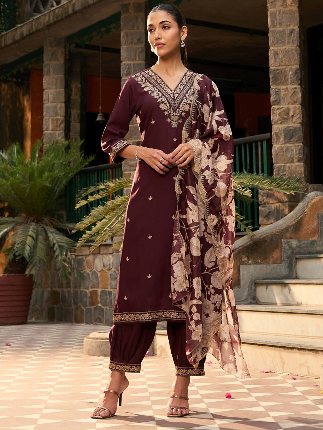 Indo Era Burgundy Embroidered Straight Kurta Salwar With Dupatta set | Grocsy