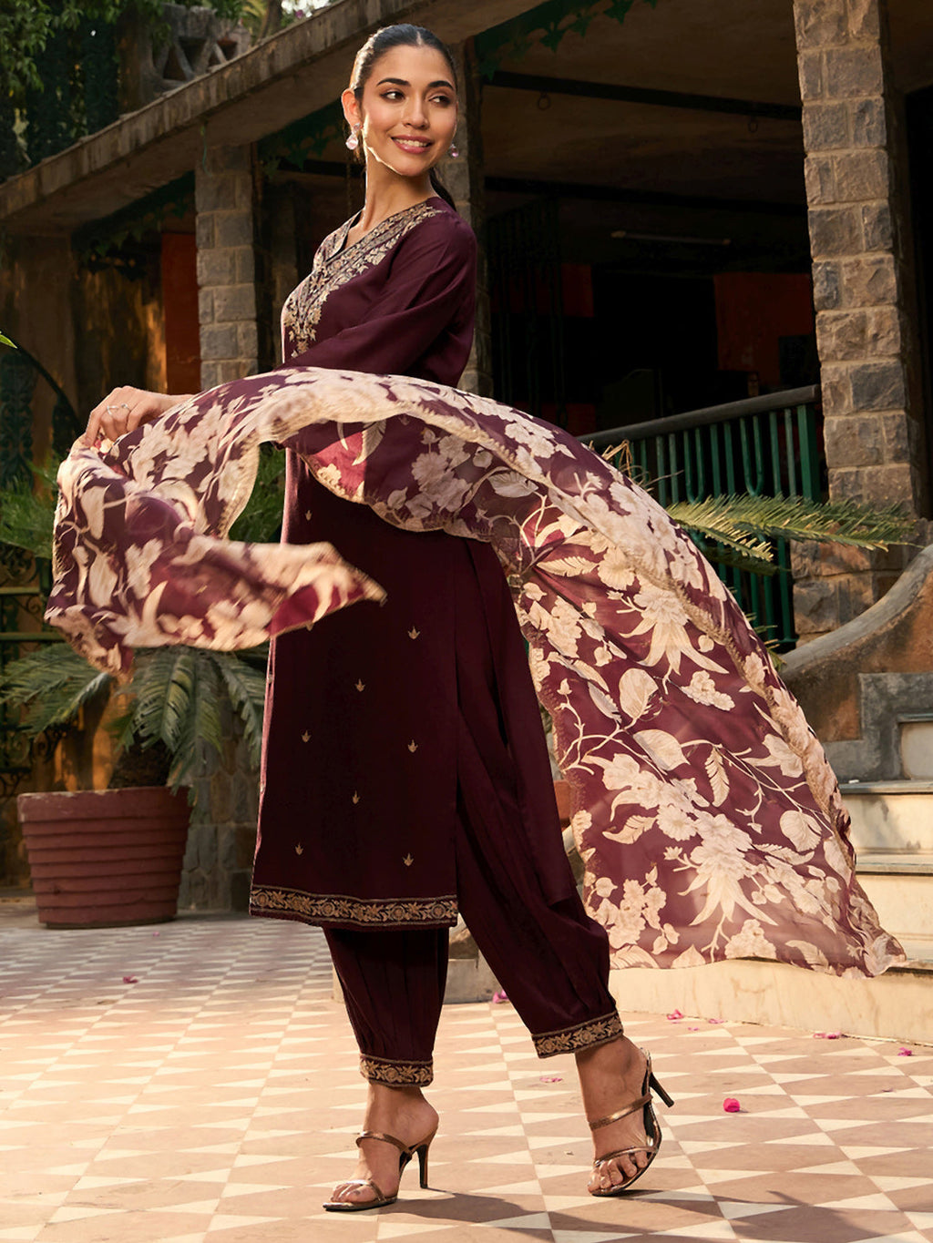 Indo Era Burgundy Embroidered Straight Kurta Salwar With Dupatta set | Grocsy