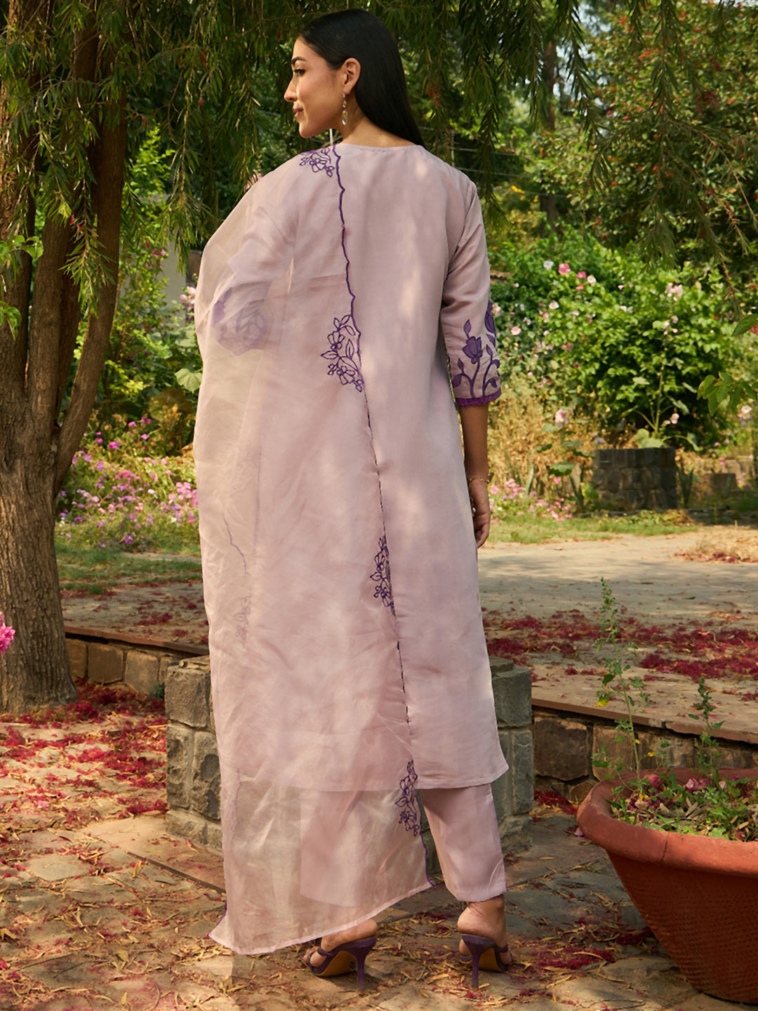 Indo Era Purple Embroidered Straight Kurta Trousers With Dupatta set | Grocsy
