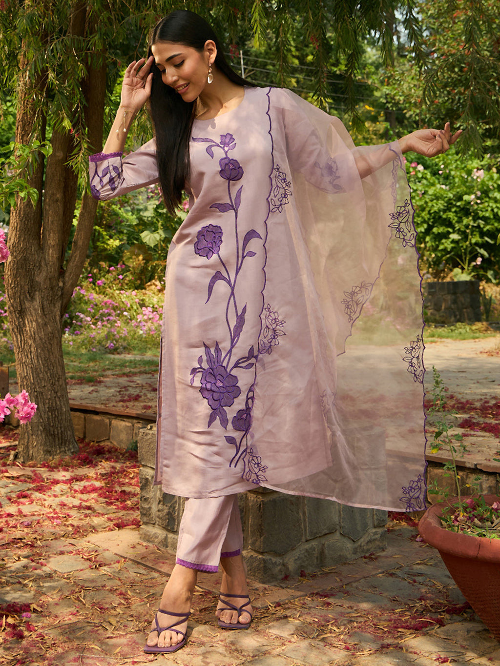 Indo Era Purple Embroidered Straight Kurta Trousers With Dupatta set | Grocsy
