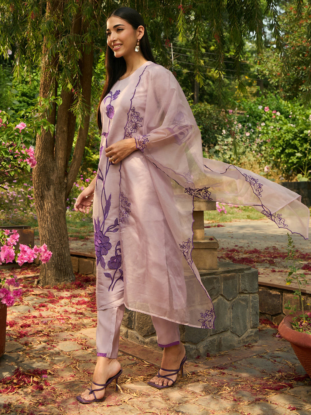 Indo Era Purple Embroidered Straight Kurta Trousers With Dupatta set | Grocsy