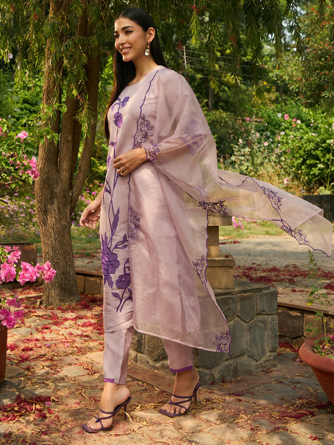 Indo Era Purple Embroidered Straight Kurta Trousers With Dupatta set | Grocsy