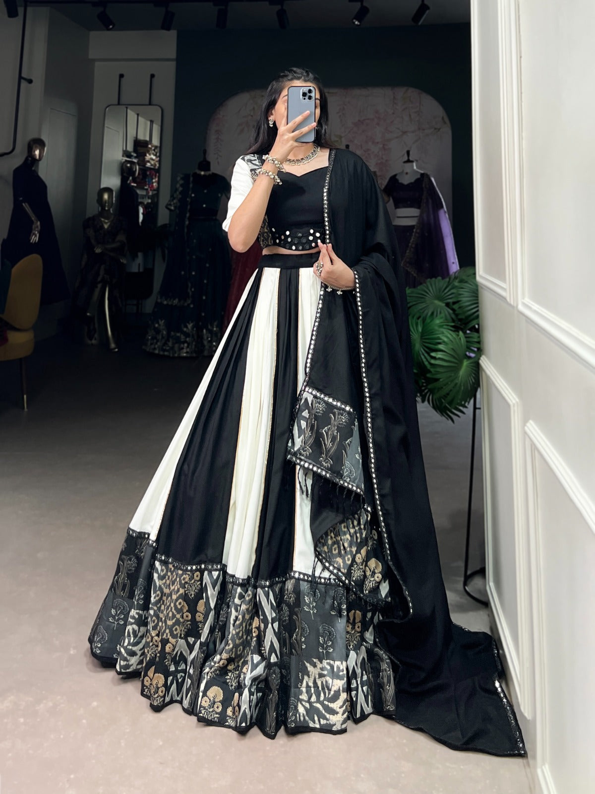 Lorenvalley Black Pure Rayon with Plain And Printed With Paper Mirror Work Lace And Gota Patti Touch Up Lehenga Choli | Grocsy