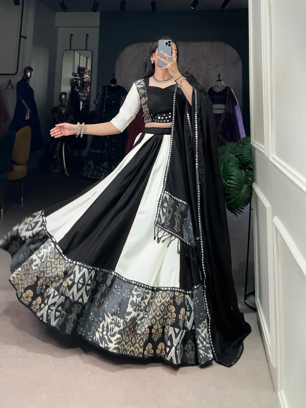 Lorenvalley Black Pure Rayon with Plain And Printed With Paper Mirror Work Lace And Gota Patti Touch Up Lehenga Choli | Grocsy