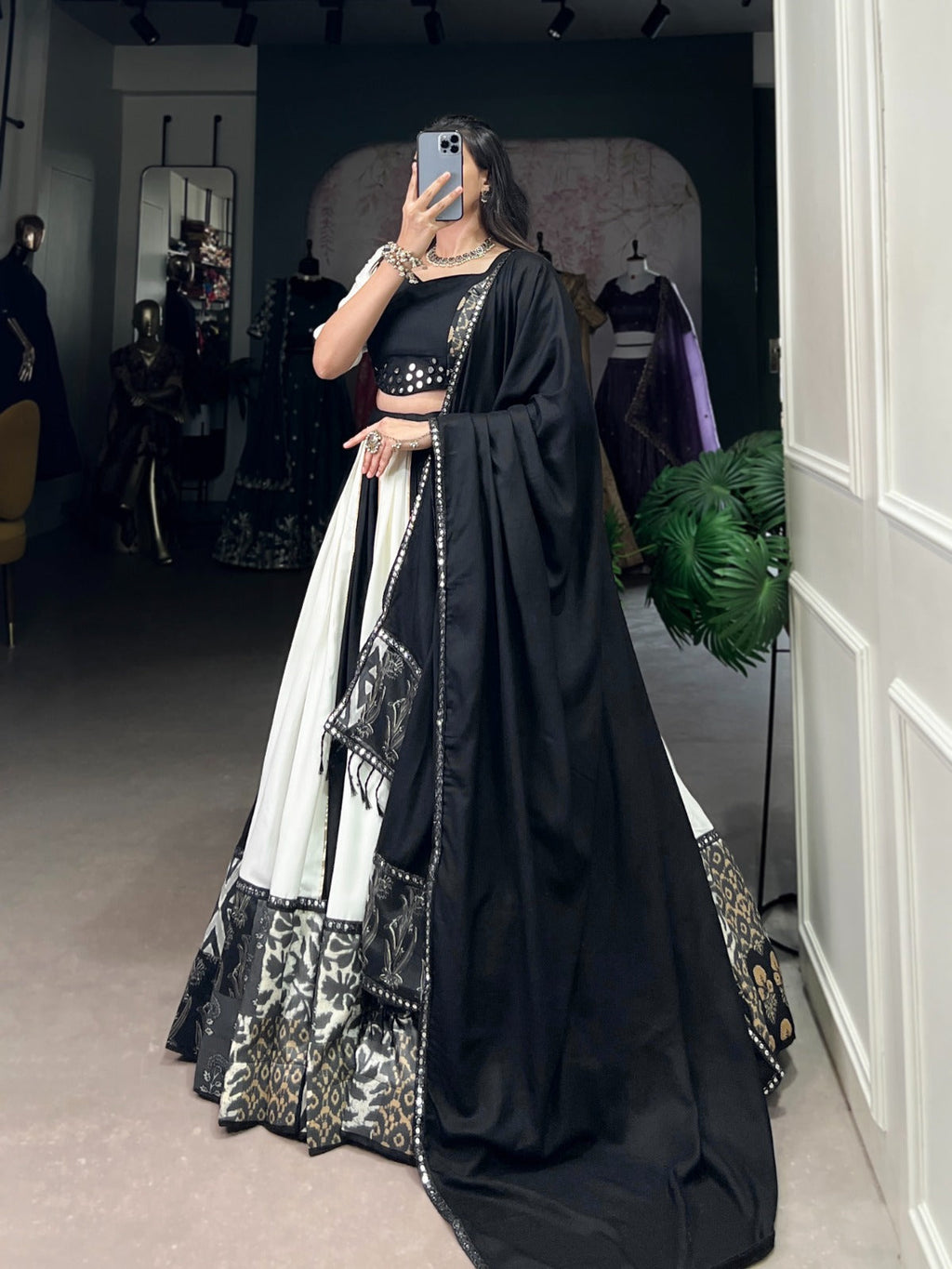 Lorenvalley Black Pure Rayon with Plain And Printed With Paper Mirror Work Lace And Gota Patti Touch Up Lehenga Choli | Grocsy