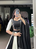 Lorenvalley Black Pure Rayon with Plain And Printed With Paper Mirror Work Lace And Gota Patti Touch Up Lehenga Choli | Grocsy