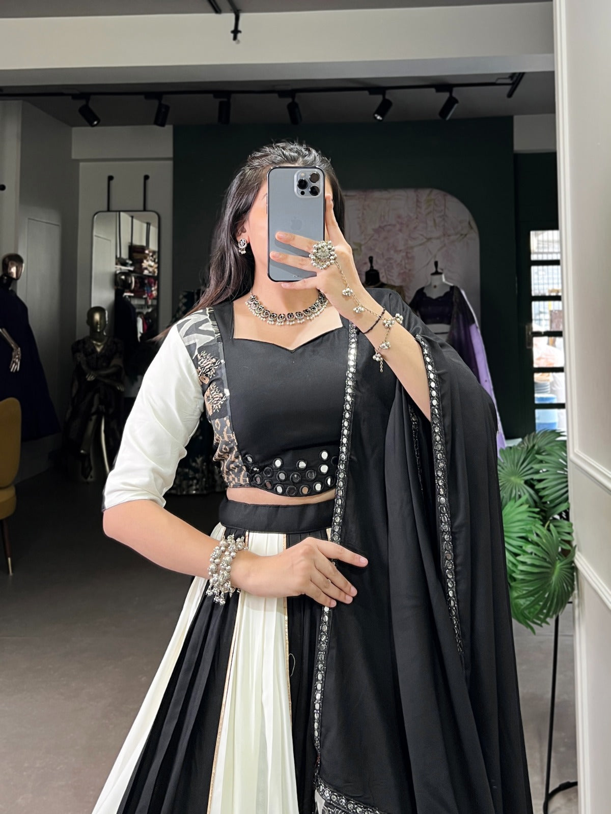 Lorenvalley Black Pure Rayon with Plain And Printed With Paper Mirror Work Lace And Gota Patti Touch Up Lehenga Choli | Grocsy