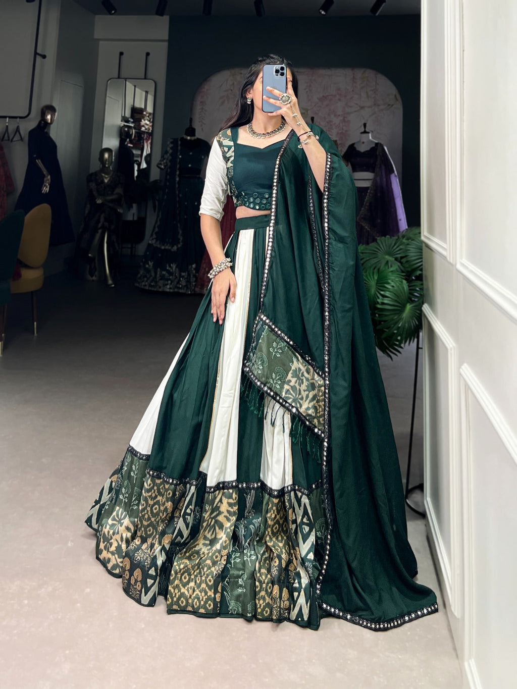 Lorenvalley Green Pure Rayon with Plain And Printed With Paper Mirror Work Lace And Gota Patti Touch Up Lehenga Choli | Grocsy
