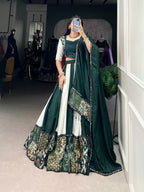 Lorenvalley Green Pure Rayon with Plain And Printed With Paper Mirror Work Lace And Gota Patti Touch Up Lehenga Choli | Grocsy