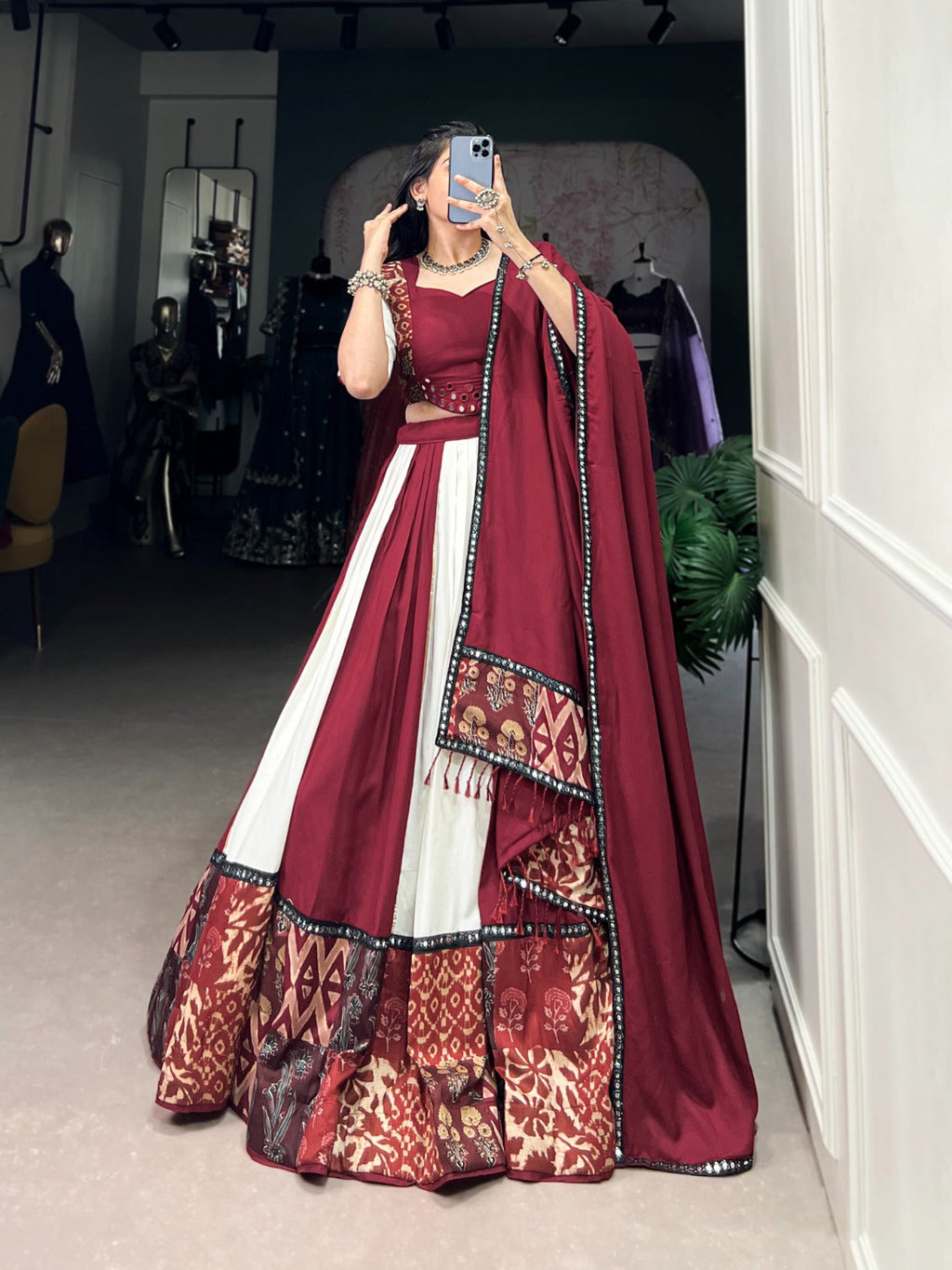 Lorenvalley Maroon Pure Rayon with Plain And Printed With Paper Mirror Work Lace And Gota Patti Touch Up Lehenga Choli | Grocsy