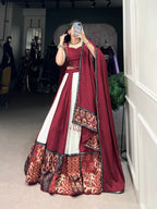 Lorenvalley Maroon Pure Rayon with Plain And Printed With Paper Mirror Work Lace And Gota Patti Touch Up Lehenga Choli | Grocsy