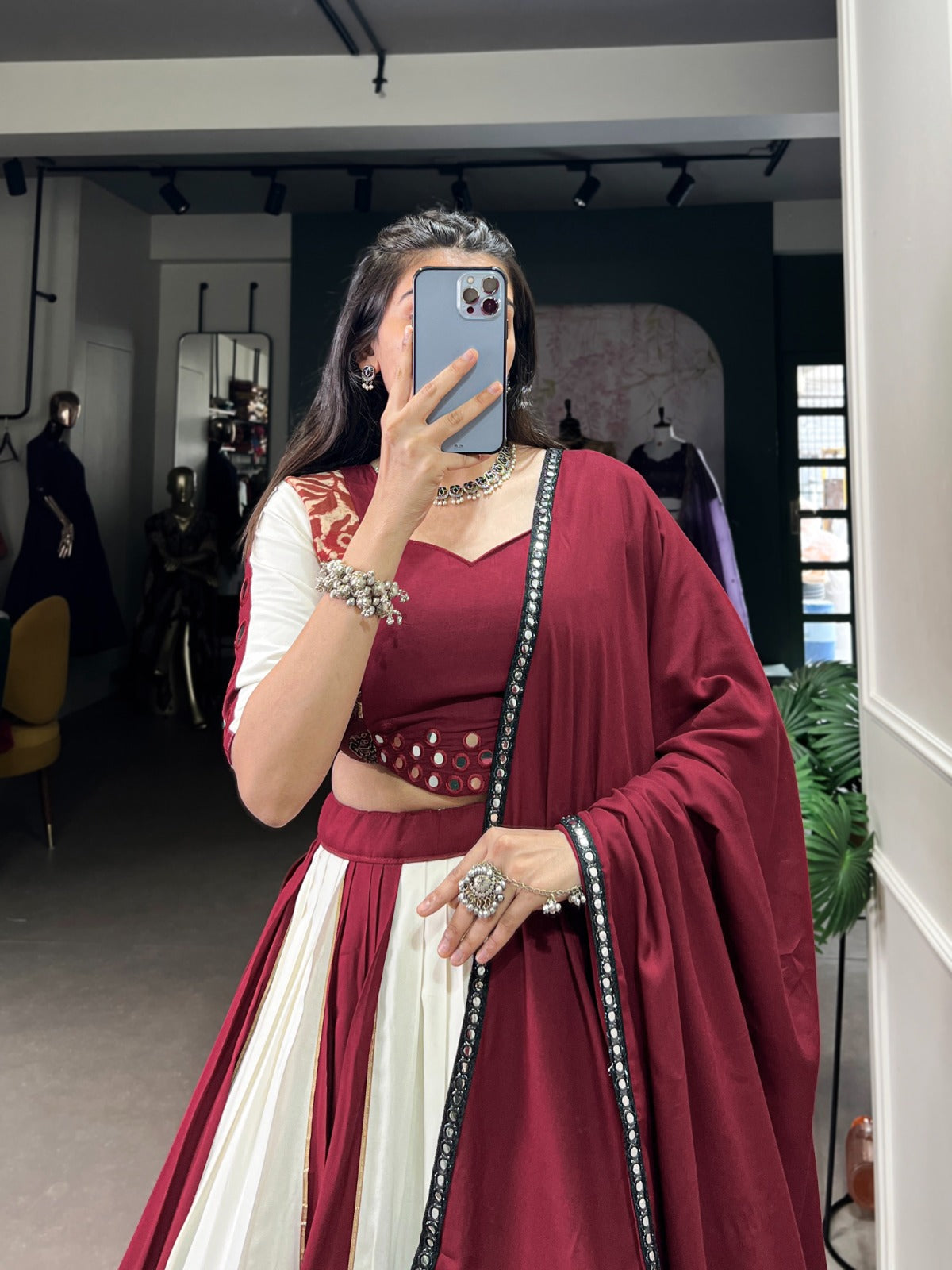 Lorenvalley Maroon Pure Rayon with Plain And Printed With Paper Mirror Work Lace And Gota Patti Touch Up Lehenga Choli | Grocsy