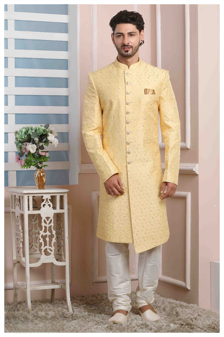 Raivat Ethnic Art Silk Thread Work Indo Western In Yellow Colour | Grocsy