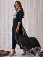Indo Era Black Embroidered Straight Kurta Trousers With Dupatta Set | Grocsy