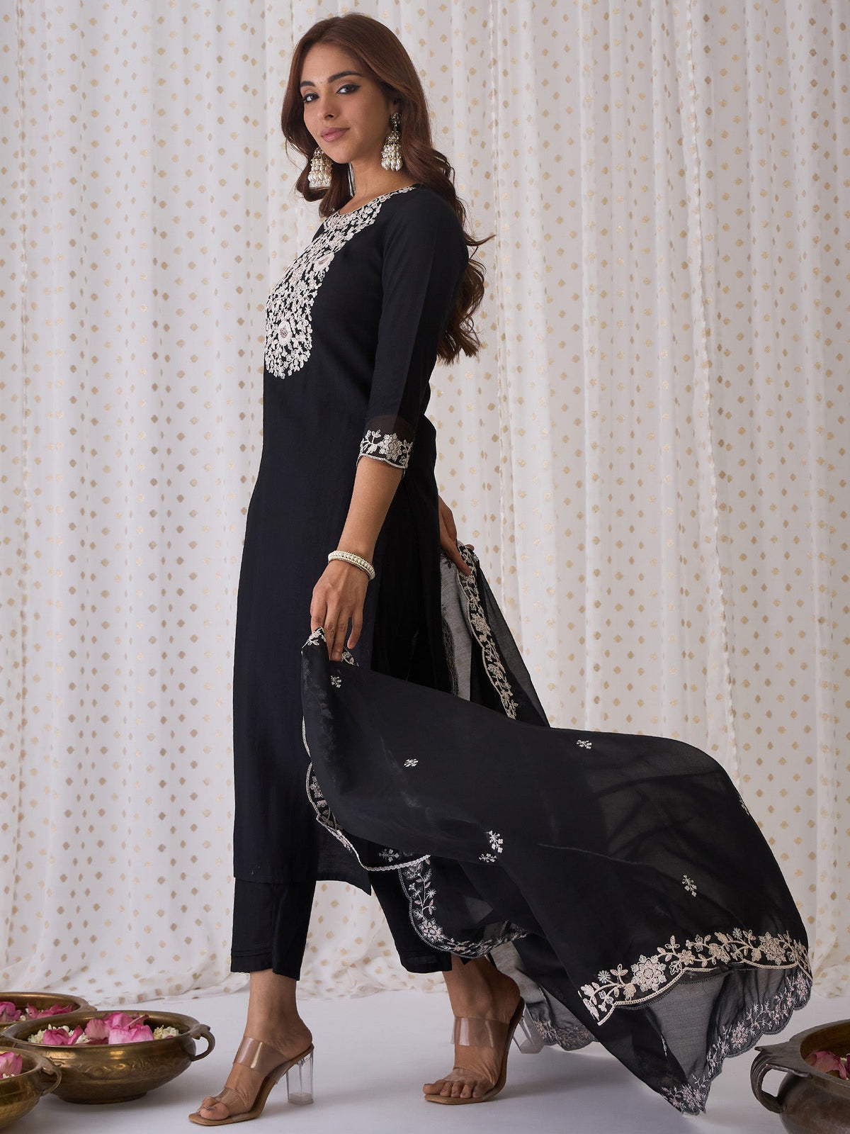 Indo Era Black Embroidered Straight Kurta Trousers With Dupatta Set | Grocsy