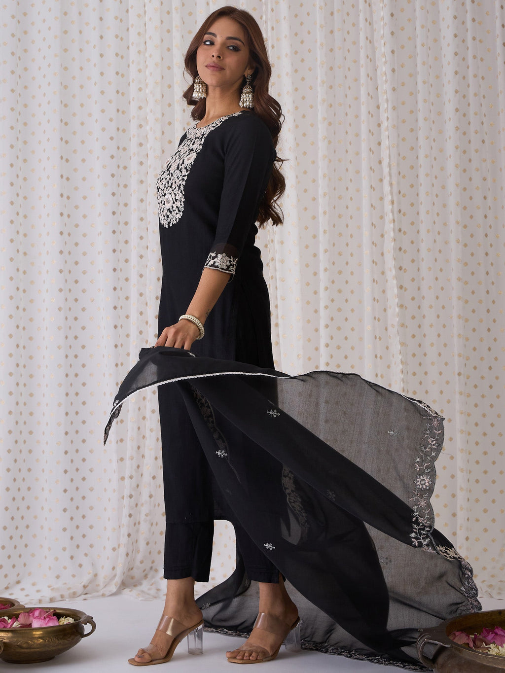 Indo Era Black Embroidered Straight Kurta Trousers With Dupatta Set | Grocsy