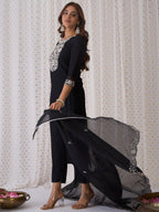 Indo Era Black Embroidered Straight Kurta Trousers With Dupatta Set | Grocsy