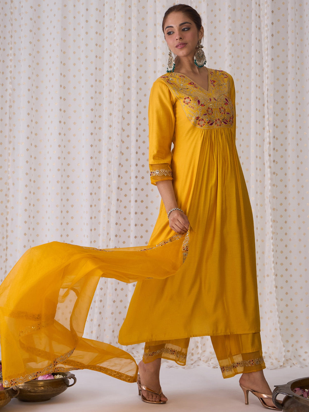 Indo Era Yellow Embroidered A-Line Kurta Palazzos With Dupatta set | Grocsy