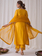 Indo Era Yellow Embroidered A-Line Kurta Palazzos With Dupatta set | Grocsy