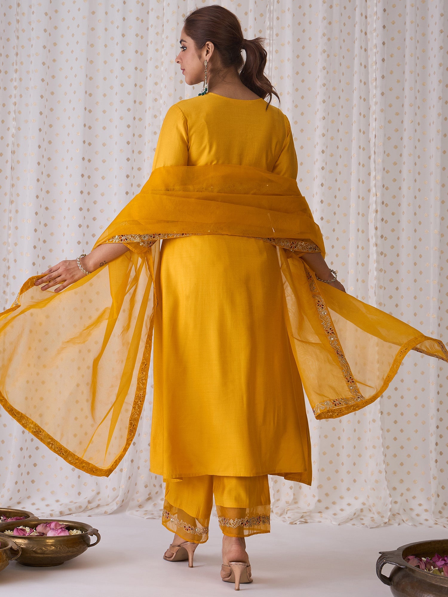 Indo Era Yellow Embroidered A-Line Kurta Palazzos With Dupatta set | Grocsy